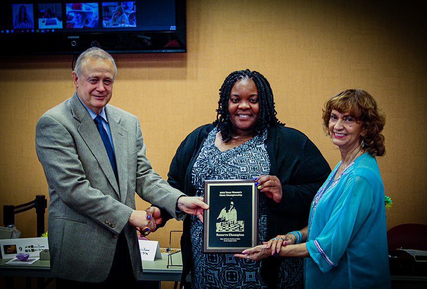 From left to right: Tom Crane, Texas Chess Association President; Jerquila Slaughter; and Maritta Del Rio Sumner, Distinguished Visitor. Photo by Sheryl Mc Broom at North Richland Hills Library.